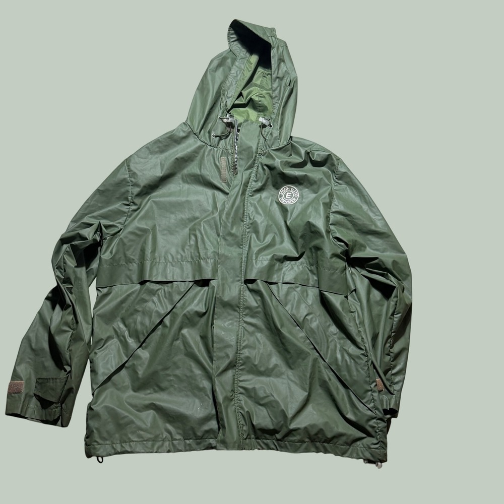 Joseph Eletto Transfer Rain Jacket Mens Large Green Hooded Y2K 2002 Flag Patch